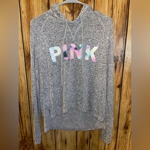 PINK Victoria’s Secret Gray Marled Hoodie Pastel Logo Lightweight Sweatshirt S
